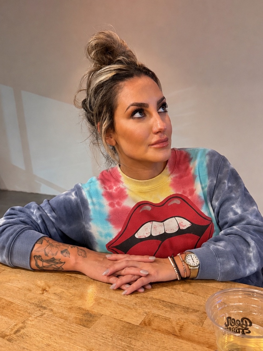 Madeworn Tie-Dye Graphic Crewneck Sweatshirt with Red Lip Print